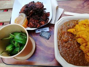 Lentil shepherd's pie, bhaji x2, padron peppers at The Vegan Street Food Company in Worthing