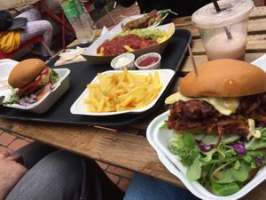 “Tuna” toasty, dirty fries, Beyond burger, normal fries, baji burger, smoothie  at The Vegan Street Food Company in Worthing