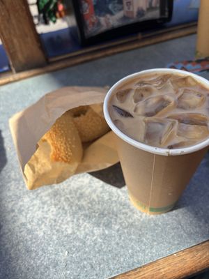 Lavender soy milk latte plus two sesame bagels  at Los Bagels in Arcata