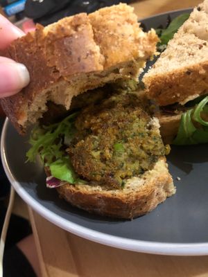 Falafel humous and red pepper sandwich on granary bread  at Hells Mouth in Gwithian
