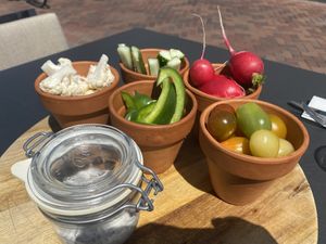 The 'vegetable garden': Tomatoes, bell pepper, cauliflower, cucumber, radish and a dip. at Boulevard 17 in Vlissingen