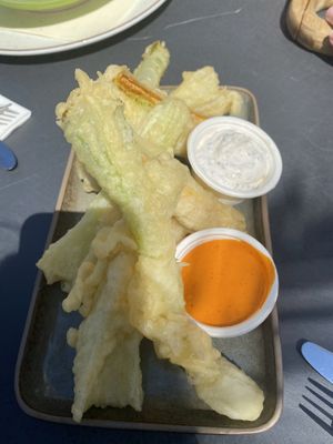 Tempura made from zucchini, spring onion and celery with a slightly spice sauce and a creamy one. at Boulevard 17 in Vlissingen