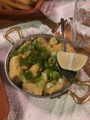 Smashed fava beans and green onions at Gramboussa in Crete