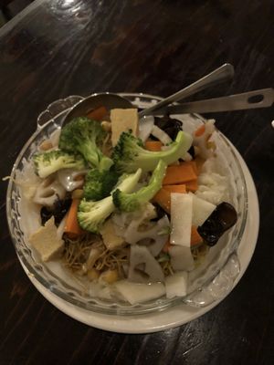 Buddha’s Feast with soft noodles at Panz Veggie Restaurant in Vancouver