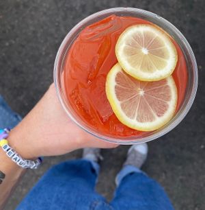 signature strawberry and red bell pepper lemonade. available every week at city park and south pearl street farmer's markets! at The Easy Vegan - Food Truck in Denver