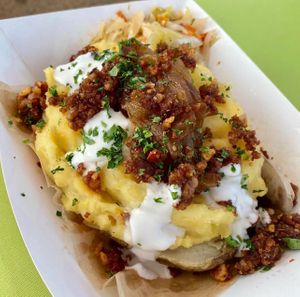 loaded pierogi potato at The Easy Vegan - Food Truck in Denver