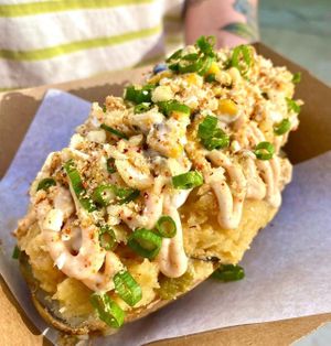 loaded elote potato -- available weekly at the farmer's markets at The Easy Vegan - Food Truck in Denver