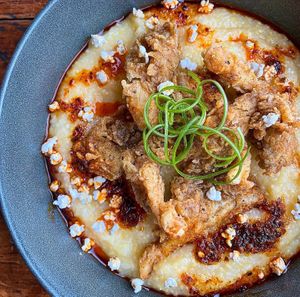 chicken fried mushrooms and grits at The Easy Vegan - Food Truck in Denver