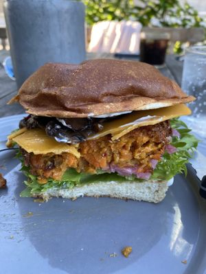 Amazing new sweet potato patty. So good 😊  at Halifax Burgers in Koege