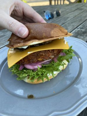 Amazing new sweet potato patty. So good 😊  at Halifax Burgers in Koege