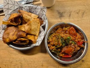 Mahsa'aha dip with bread $13: ok, not much taste, oily, bread was overly crispy fried pita chips at Cairo Takeaway in Newtown