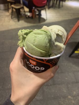 Green tea and pistachio vegan gelato  at The Scoop in Campbelltown
