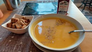 Pumpkin soup with croutons at Nom Nom in Constanta