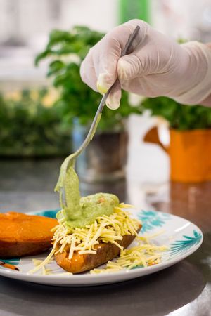 Sweet potatoes with guacamole at Nom Nom in Constanta