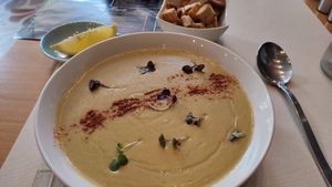 Creamy lentil soup with home-made croutons at Nom Nom in Constanta