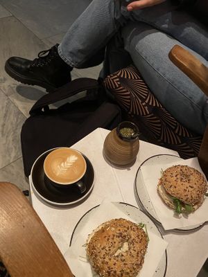 Oatly cappuccino and Carrot Lox bagel  at Owoce i Warzywa in Lodz