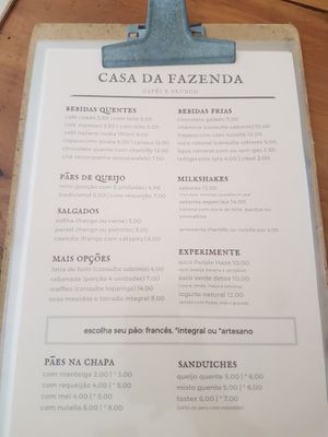 Menu at Casa da Fazenda in Passa Quatro
