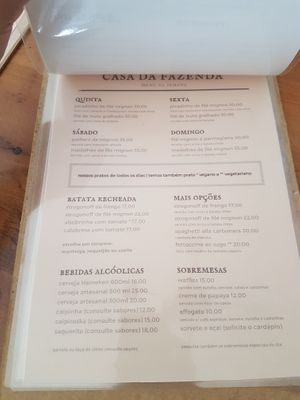 Menu at Casa da Fazenda in Passa Quatro