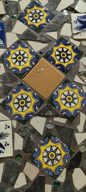 Mosaic tiles on table at Tio's Tacos in Riverside