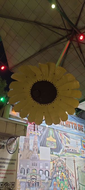 Metal sunflower at night at Tio's Tacos in Riverside