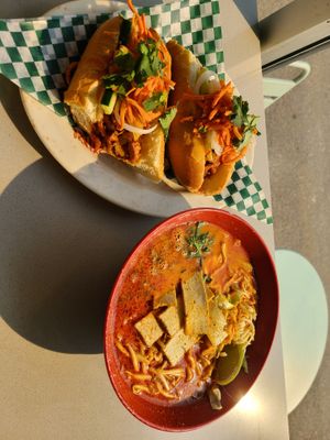 I ordered the lemongrass Chicken Banh mi. Flavour was bang on. It was a very perfect sub. However, it looked different from previous pics. Vegan chicken was not diced n shorter bun at Nan's Noodle House in Calgary