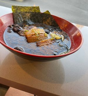 Black garlic ramen with plant based beef  at Nan's Noodle House in Calgary