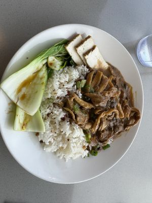 Oyster mushroom adobo w/ tofu  at Nan's Noodle House in Calgary