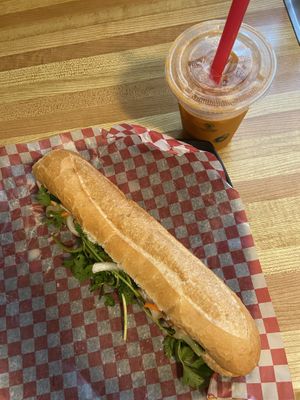 Lemongrass Chick’un Bahn Mi Sub and Thai Coconut Iced Tea at Nan's Noodle House in Calgary