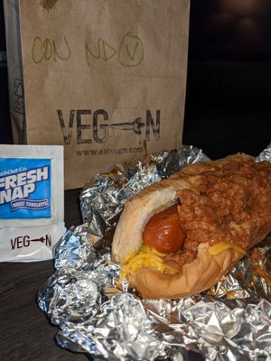 Chili cheese not-dog. So tasty! at Veg-n in Okemos