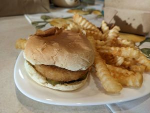 Spicy chick-n sandwich and crinkle fries at Veg-n in Okemos