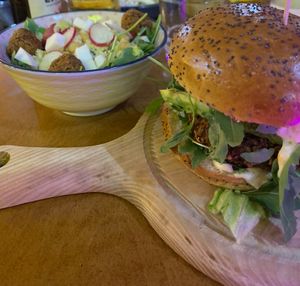 My vegan avocado burger and falafel salad   at Submarine burger in Zagreb