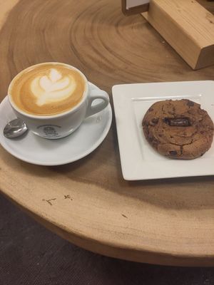 Oat flat white and vegan cookie - both great at Fixed Gear Coffee in Maastricht