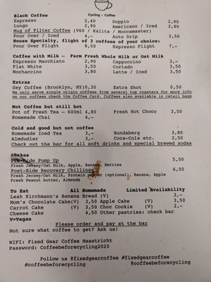 The menu at Fixed Gear Coffee in Maastricht