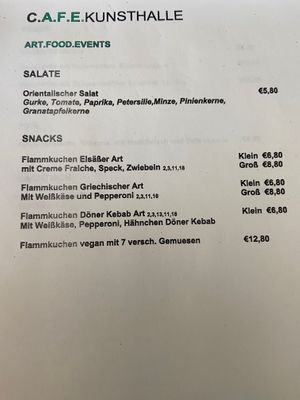 Menu  at Cafe Kunsthalle in Tubingen