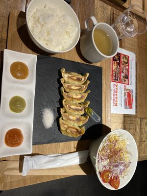 Set truffle gyoza, with vinegar salad and onion soup  at Champagne & Gyoza Bar in Osaka