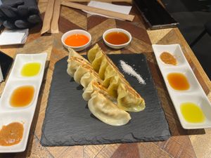Vegan gyoza and vegan curry gyoza   at Champagne & Gyoza Bar in Osaka