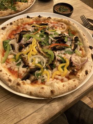 Veggie pizza with Vegan Mozzarella and dip  at WoodFiredShack in Bangor