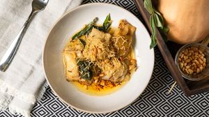 Butternut Squash Ravioli with Brown Butter & Sage Sauce at Eat Plants in Toronto