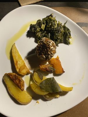 Third course, aubergine meatball and roasted vegetables  at Fattoria San Martino in Montepulciano