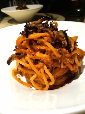 Spaghetti with tomato & aubergine. Sublime! at Fattoria San Martino in Montepulciano