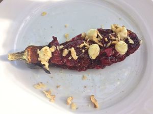 Aubergine with prune marmelade, almonds and vegan maio at Fattoria San Martino in Montepulciano