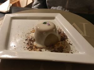 vegan coffee panna cotta served with rice&cardamom cream at Fattoria San Martino in Montepulciano
