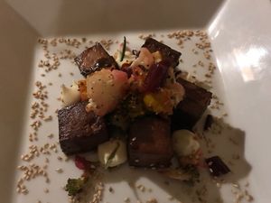 marinated tofu with vegetables and vegan maio at Fattoria San Martino in Montepulciano