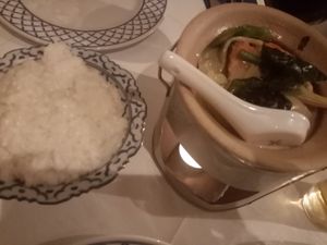 Green thai curry and coconut rice at Little Thai  in Jersey