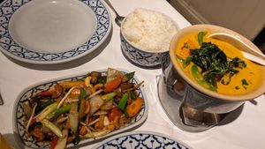 Cashew and veg Pad Thai, Red curry with butternut squash and jasmine rice at Little Thai  in Jersey