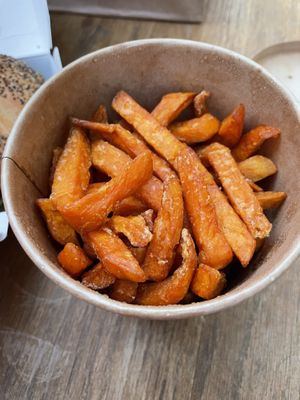 Huge bin of sweet potato fries  at Davasa Burguer in Mallorca
