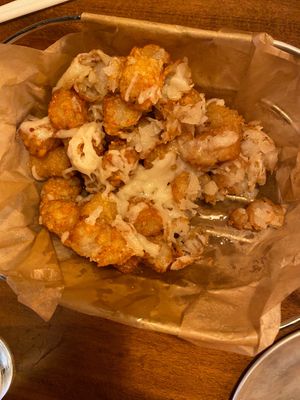 Tater tots with vegan cheese at Peddlers Pizza Pub in Valparaiso