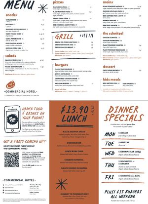 Updated menu October 2021 at The Commercial Hotel in Parramatta