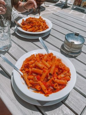 Rigatoni Arrabbiata & Rigatoni Pinocio at Pizza Amici in Thasos