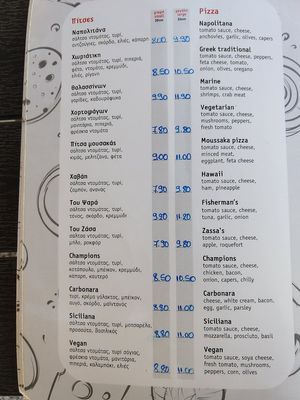 Menu at Pizza Amici in Thasos